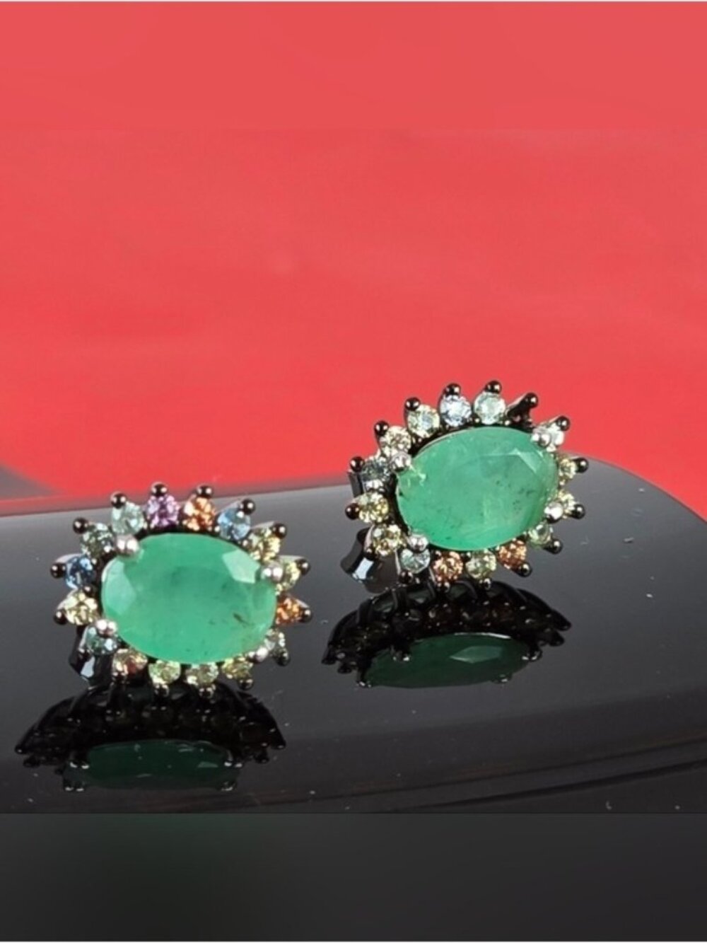 925 Sterling Silver Stud Earrings 8x11mm with Natural Emerald & Sapphire Gems